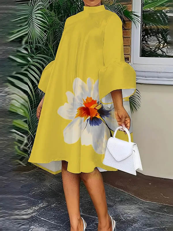 Flared Sleeves Loose Floral Printed Split-Joint High Neck Midi Dresses