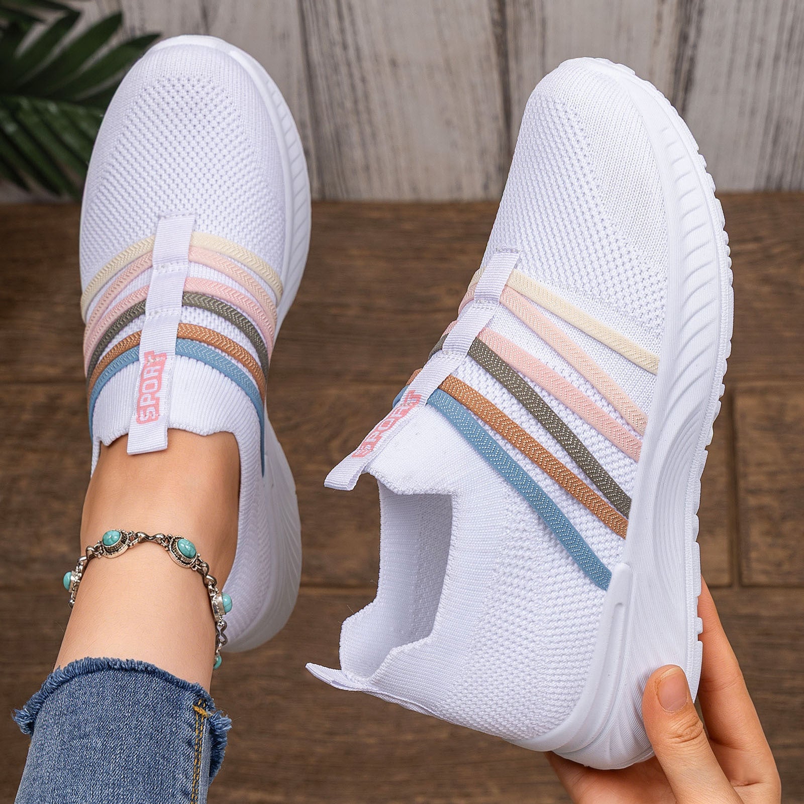 Women's Breathable Flyknit Slip-On Casual Shoes | Lightweight Mesh Striped Sneakers | Sarah Express