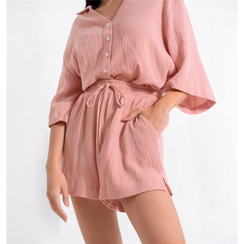 Solid Color V-Neck Loose Fit Half Sleeve Blouse and Shorts Pajama Set
