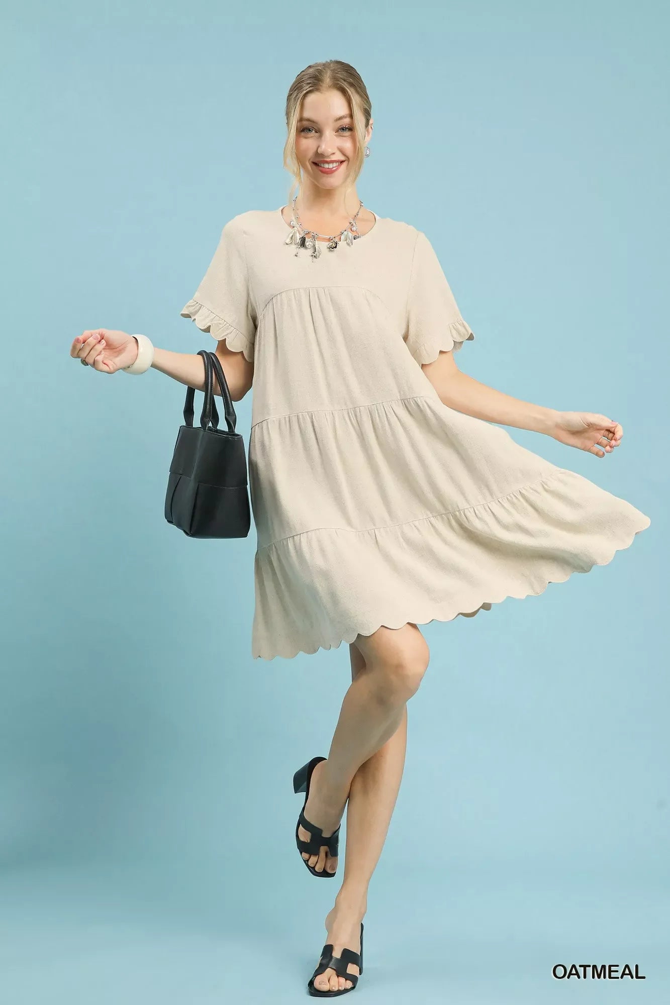 Linen Tiered Babydoll Dress with Ruffle Sleeves