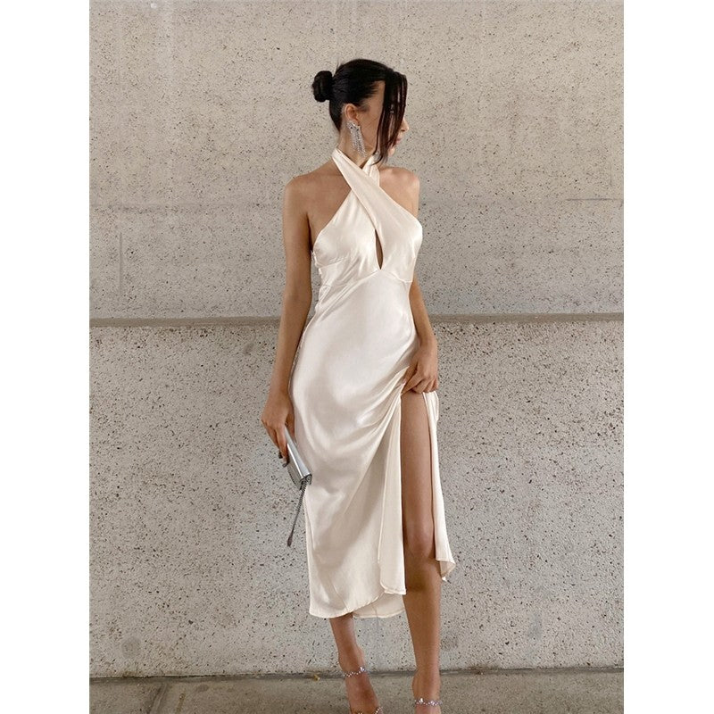 Halterneck Backless Slit Long Party Dress in Solid Color