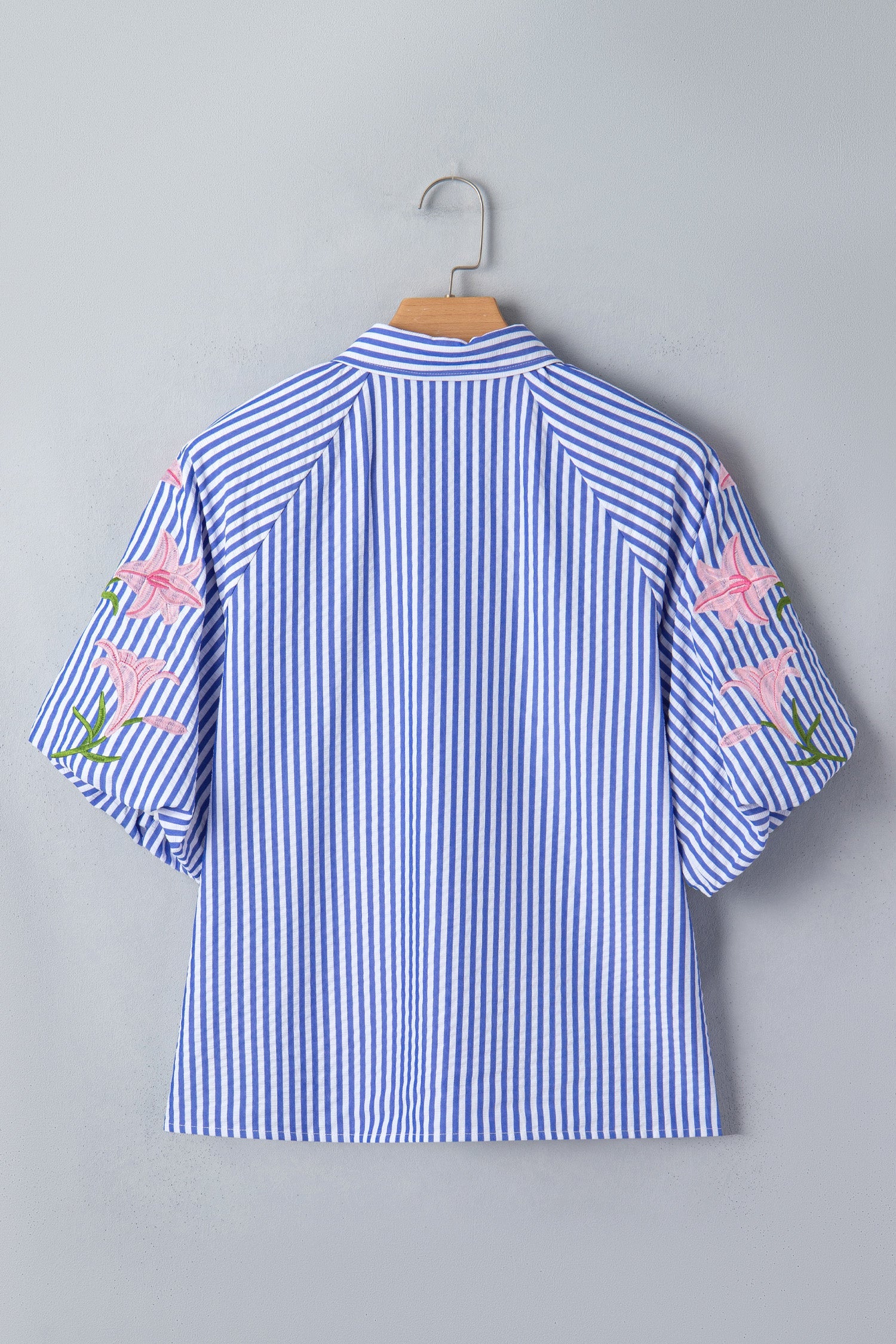 Sky Blue Stripe Lily Floral Embroidered Puff Sleeve Button Down Shirt
