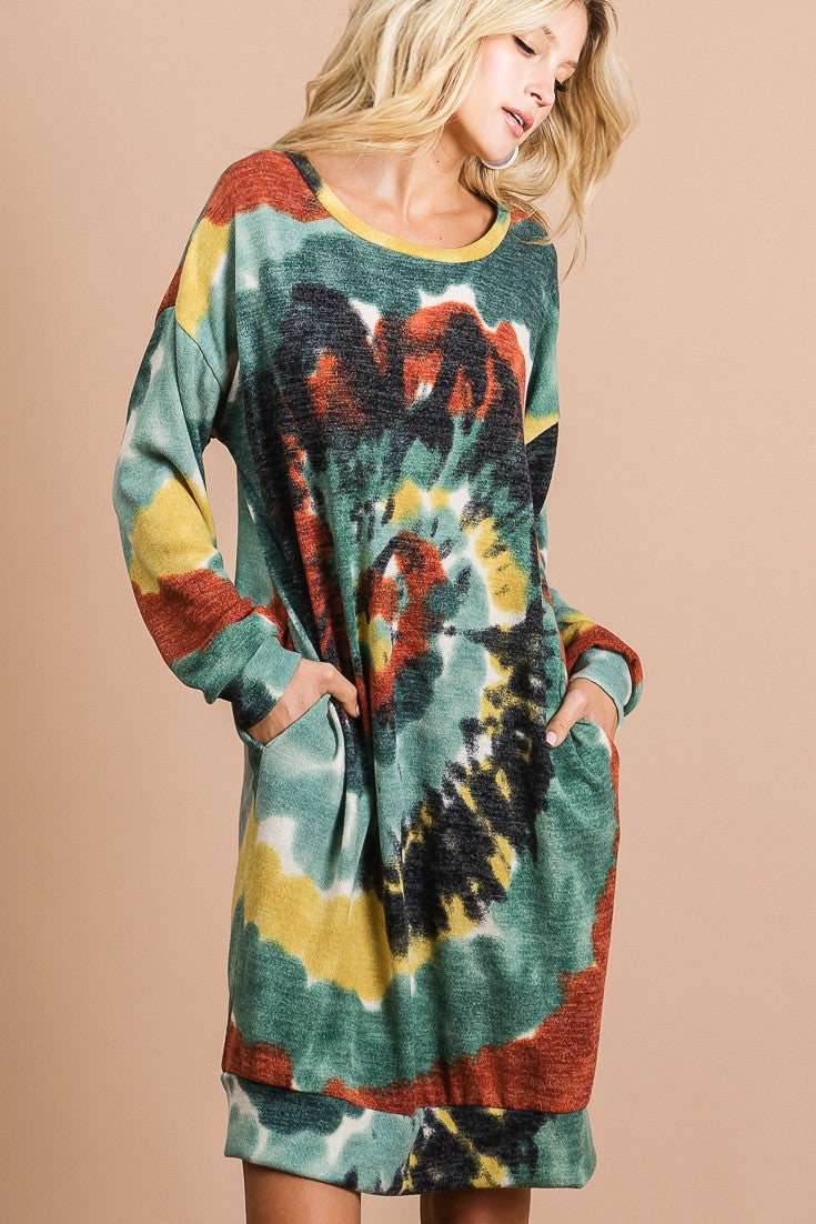 Tie Dye Print Knit Dress with Side Pocket