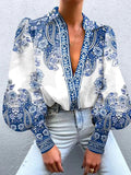 Floral Print V-Neck Button-Up Blouse with Long Sleeves
