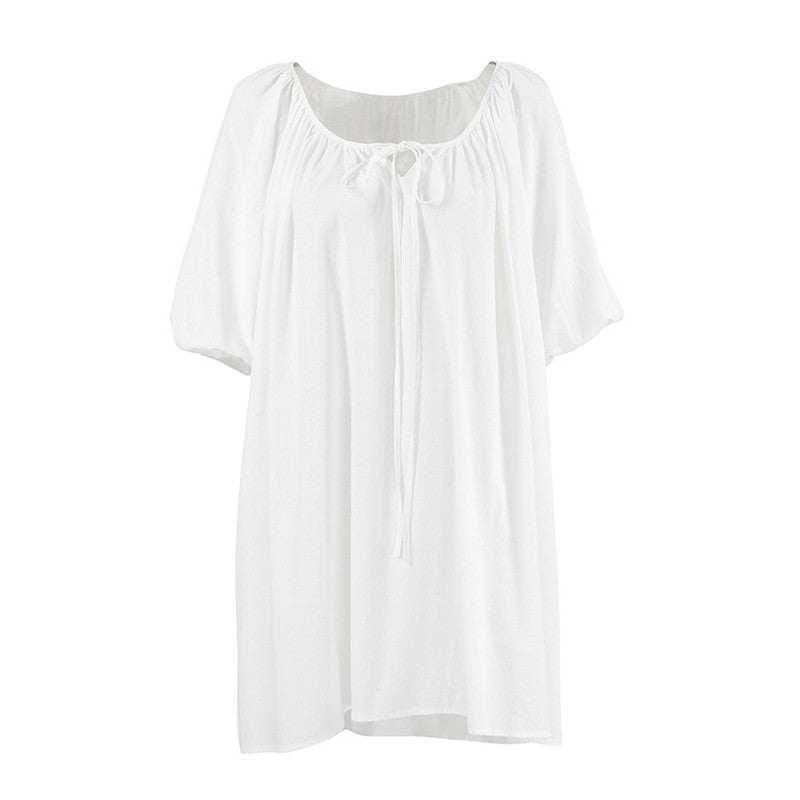Relaxed Fit Bubble Sleeve Nightgown with Front Tie