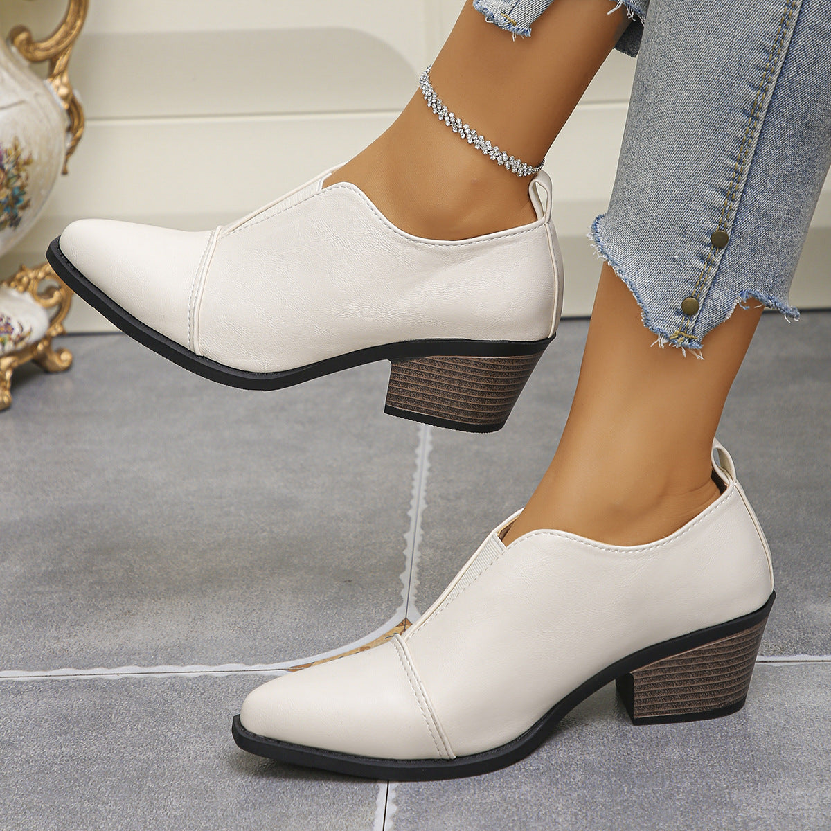 Slip-On Pointed-Toe Chunky Heel Pumps – PU Leather, Plus Size EU 35–43 | Women's Work & Formal Heels