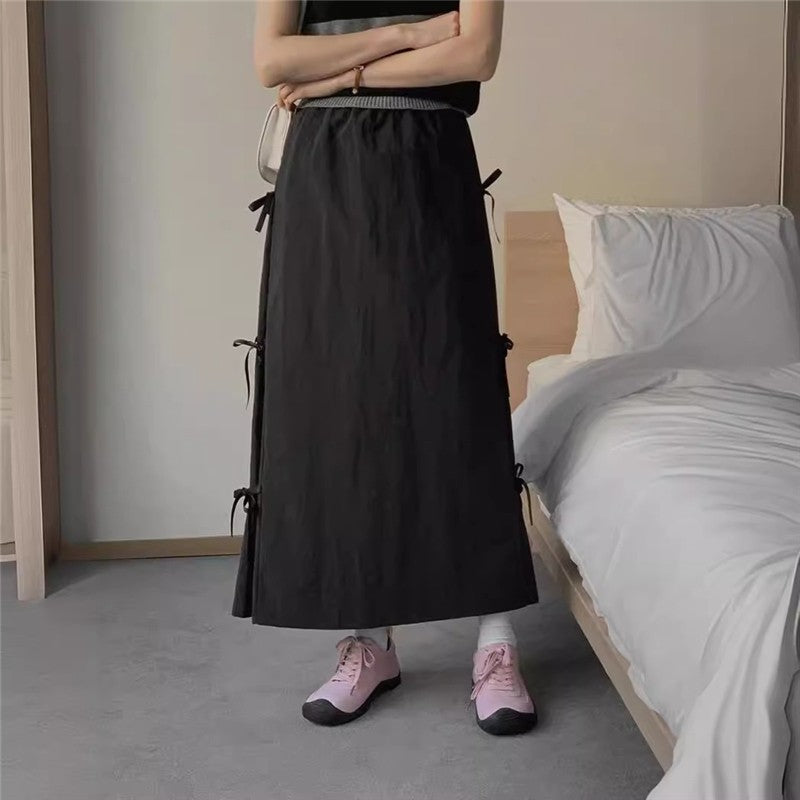 Solid Color Bow Tie Waist Midi Skirt