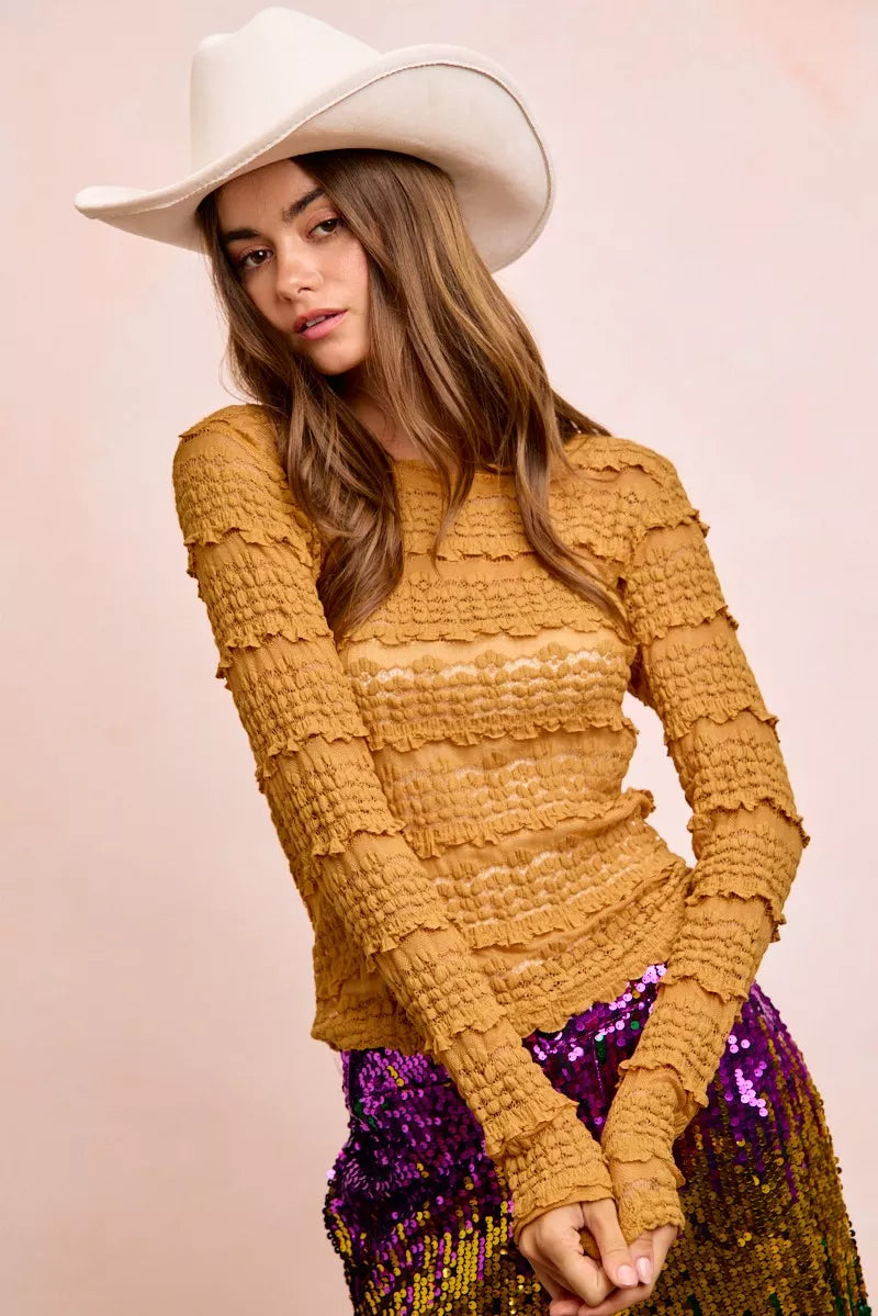 Ruffles Detail Mardi Gras Color Flower Lace Top