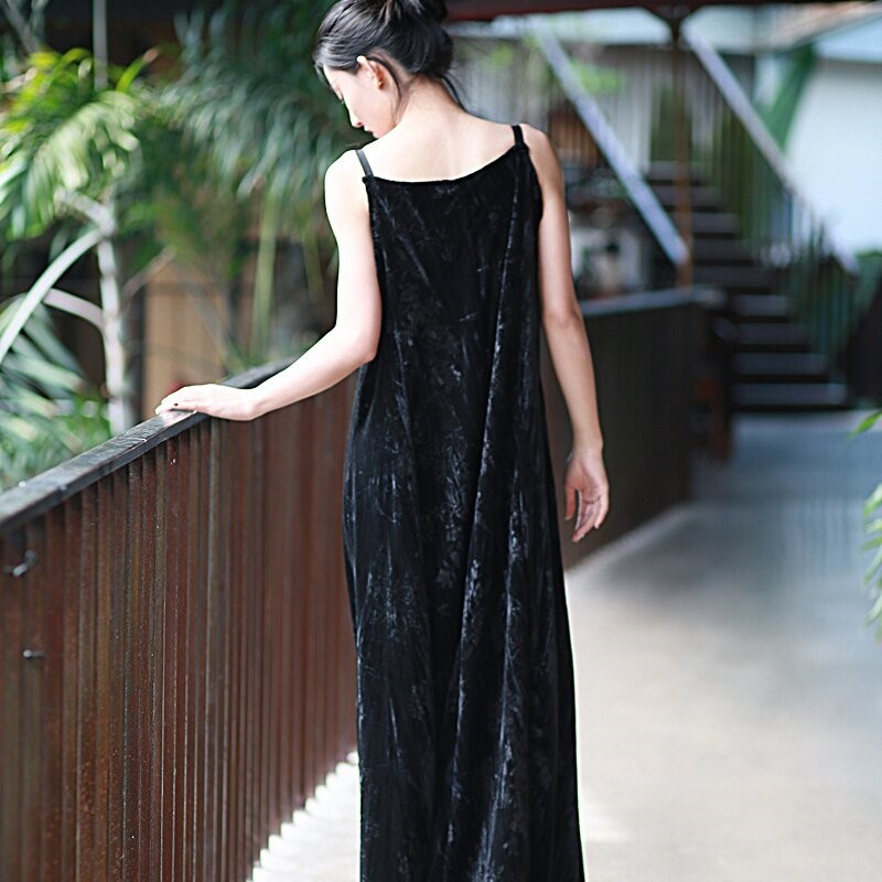 Velvet Printed Camisole Dress in Solid Color
