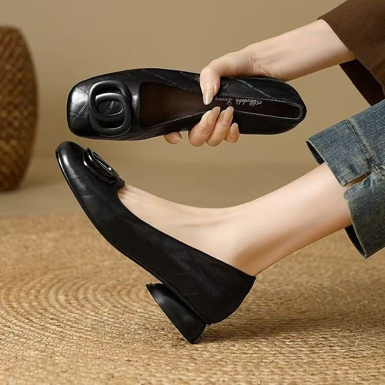 Women's Vintage Round Toe Slip-On Flats | Chunky Low Heel Casual Shoes