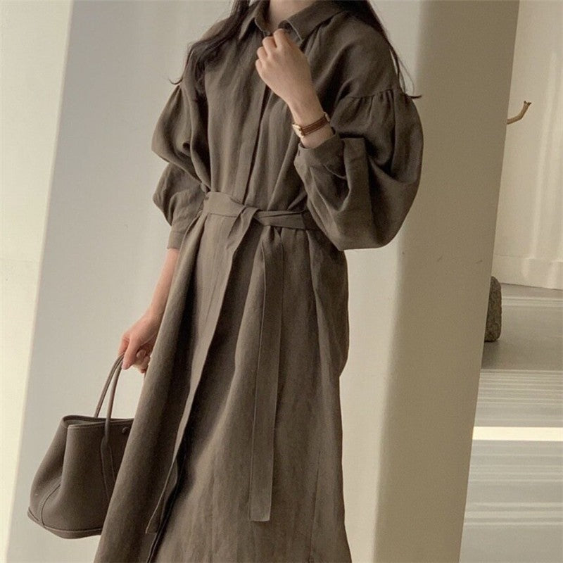 Solid Color Lantern Sleeve Over-The-Knee Long Dress