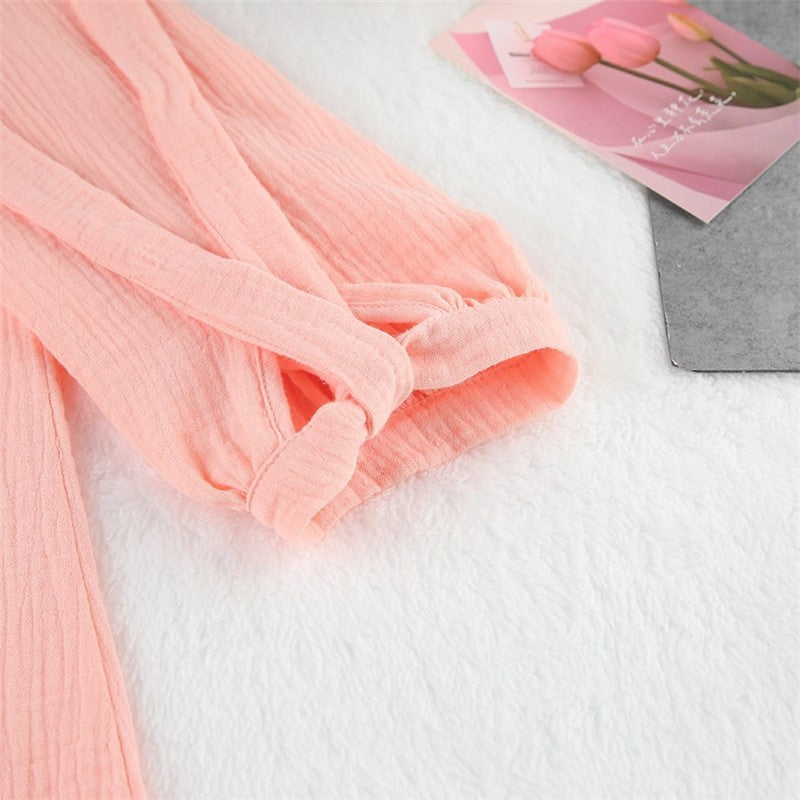 Long Sleeve Tie-Waist Solid Color Homewear Robe Pajamas
