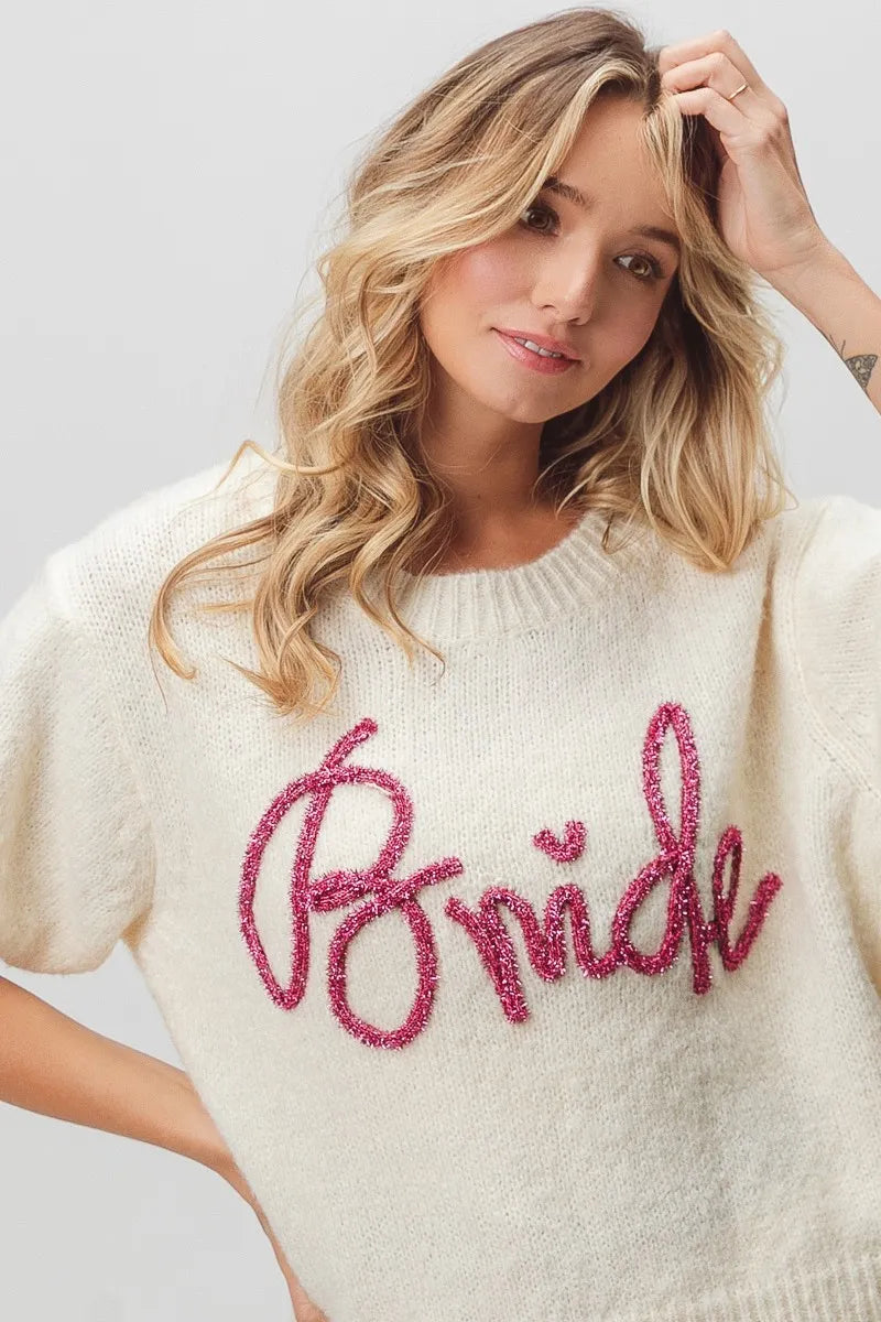 Metallic Letter Short Puff Sleeve Hairy Sweater