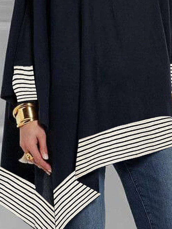 Striped Round Neck T-Shirt with Batwing Sleeves and Split-Joint Design