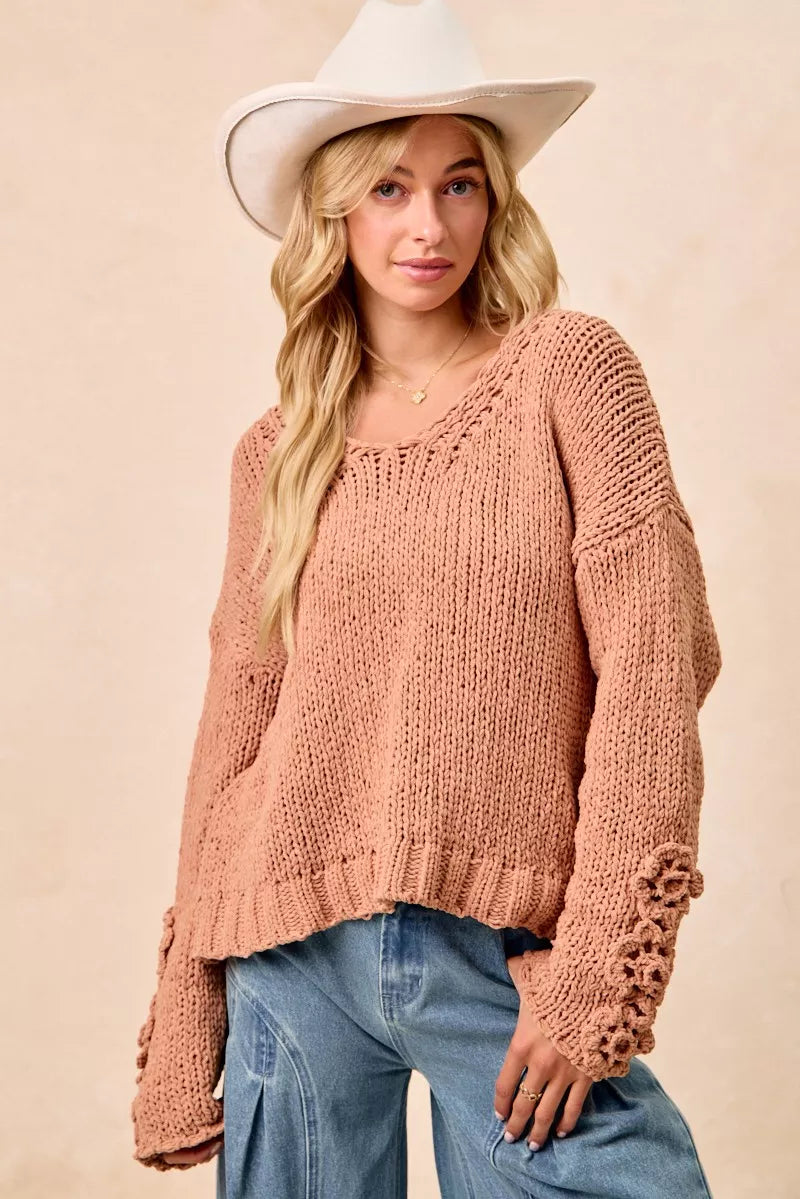 Chunky Knit Sweater with Flower Detail Sleeves