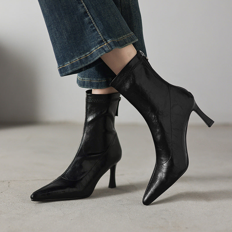 Women's Chunky Heel Ankle Boots – Pointed Toe Back Zipper | Black & Brown