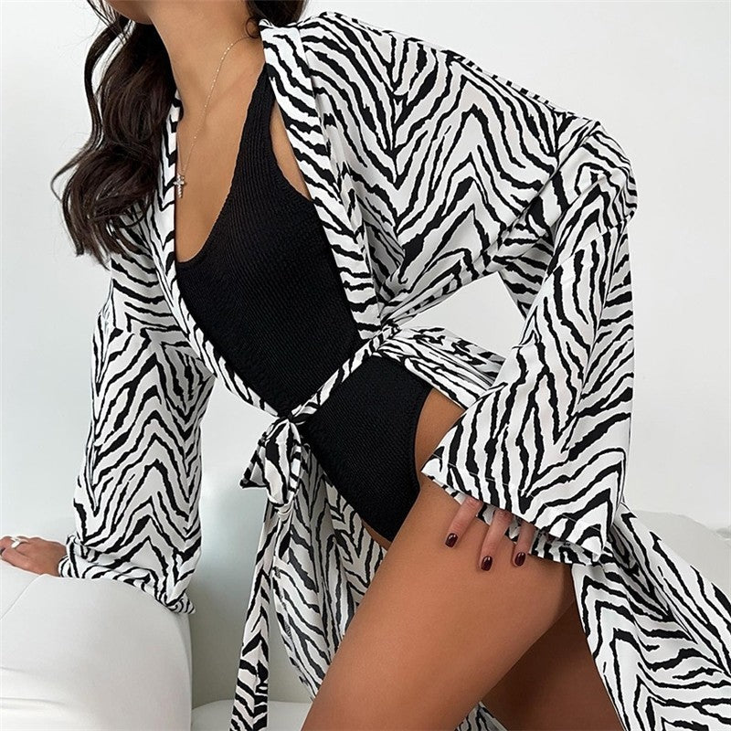 Leopard Print Long Sleeve Waist-Tie Night Robe Lounge Wear