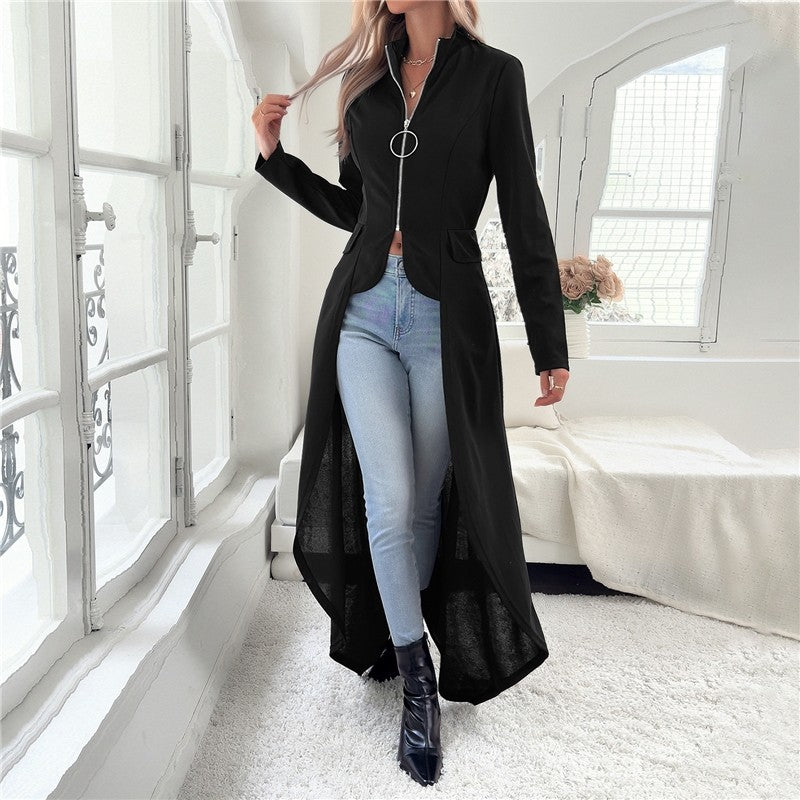 Solid Color Long Sleeve Half Turtleneck Zipper Irregular Outerwear