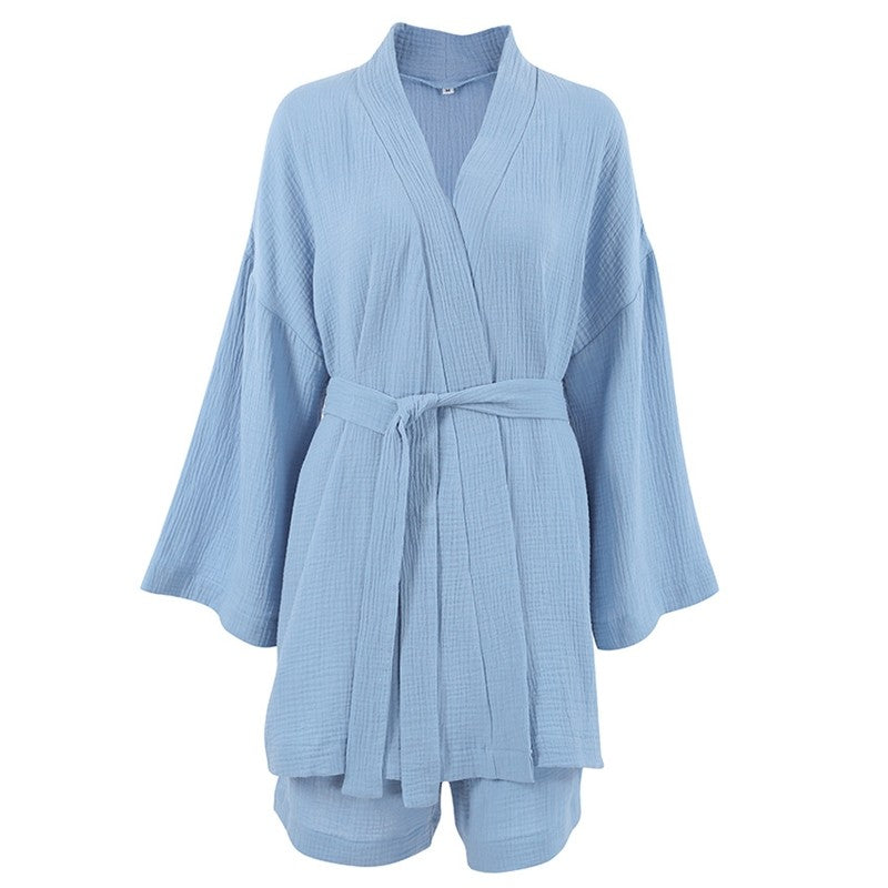 Double Gauze Two-Piece Pajama Set with Five-Quarter Sleeves for Women