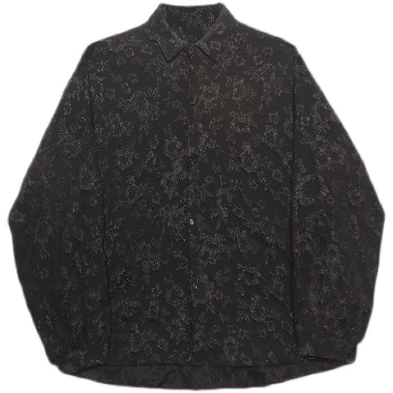 Embossed Pleated Long Sleeve Shirt in Solid Color