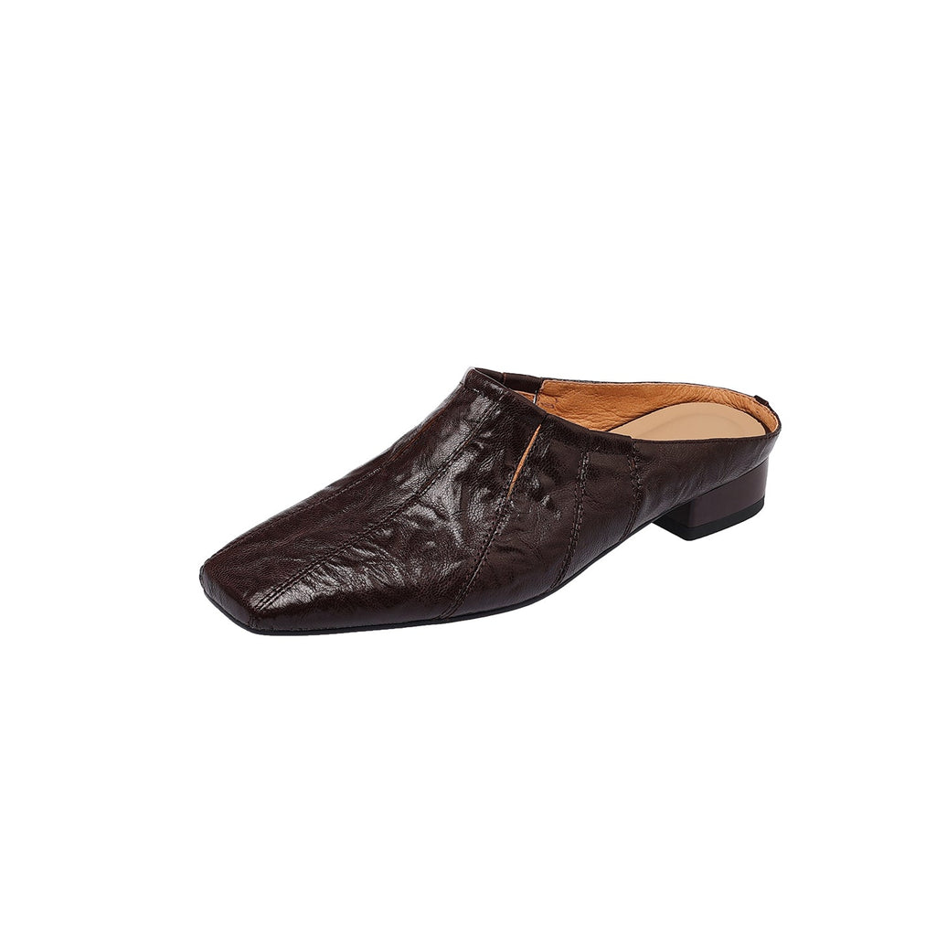 Women's Washed Cowhide Square-Toe Mules | Low Block Heel Backless Shoes