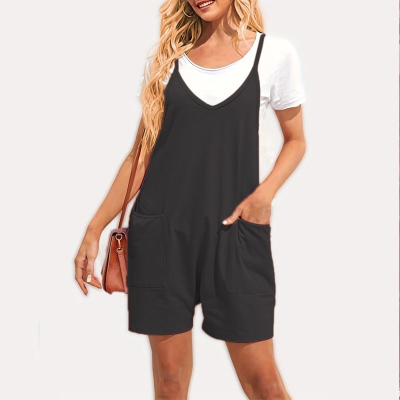Solid Color Spaghetti Straps Sleeveless Pockets Casual Loose Short Jumpsuits