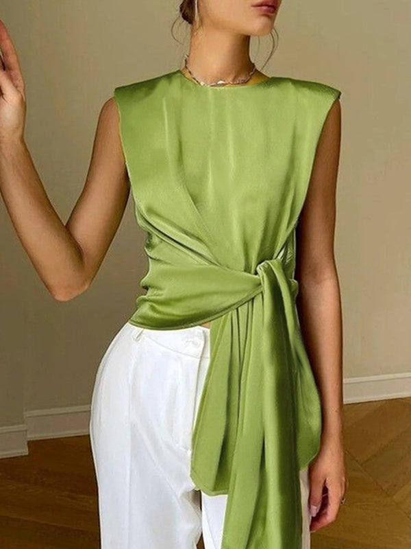 Loose Sleeveless Asymmetric Knot Solid Color Round-neck Vest Top