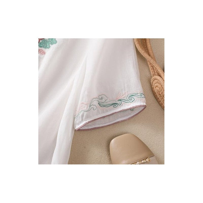 Embroidered Buttonholes Loose Fit Short Sleeve Shirt