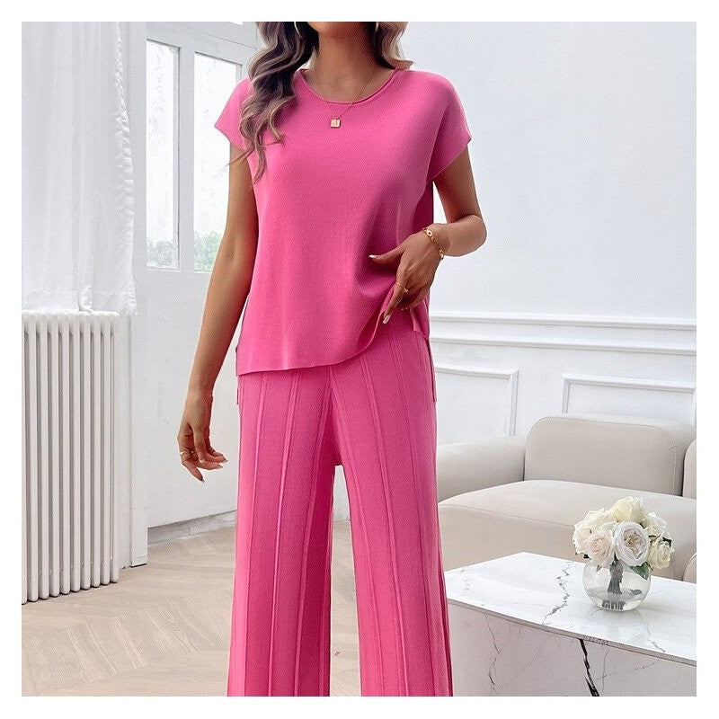 Solid Color Casual Knit Short Sleeve Sweater and Trouser Set