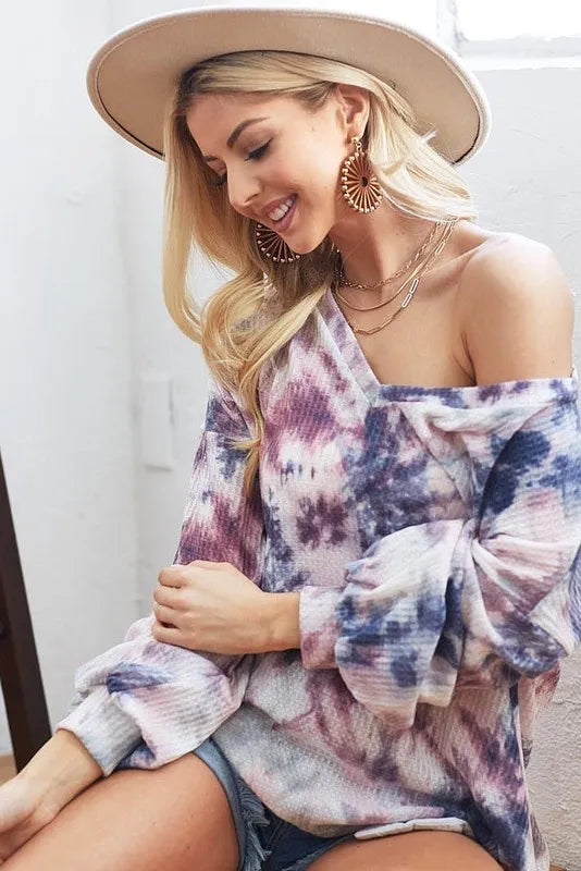 Tie-Dye V-Neck Long Sleeve Waffle Top