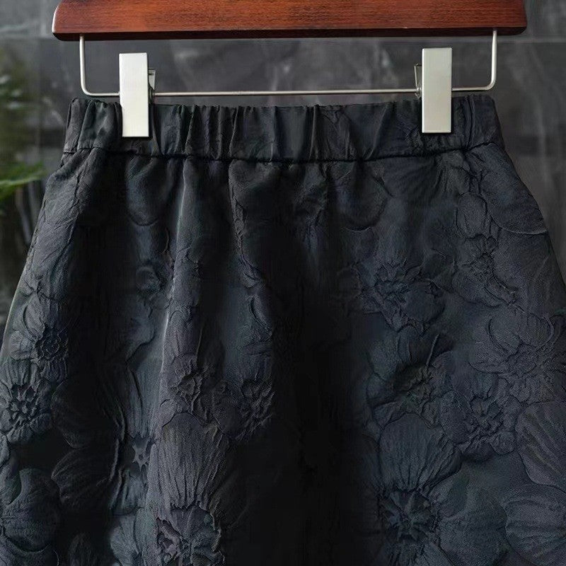 Solid Color Elastic Waist A-Line Jacquard Skirt