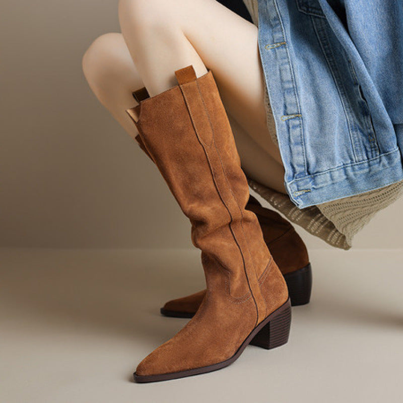 Women's Handmade Retro Chunky Heel Long Boots – Pointed Toe Cowhide Leather Fall Winter Boots