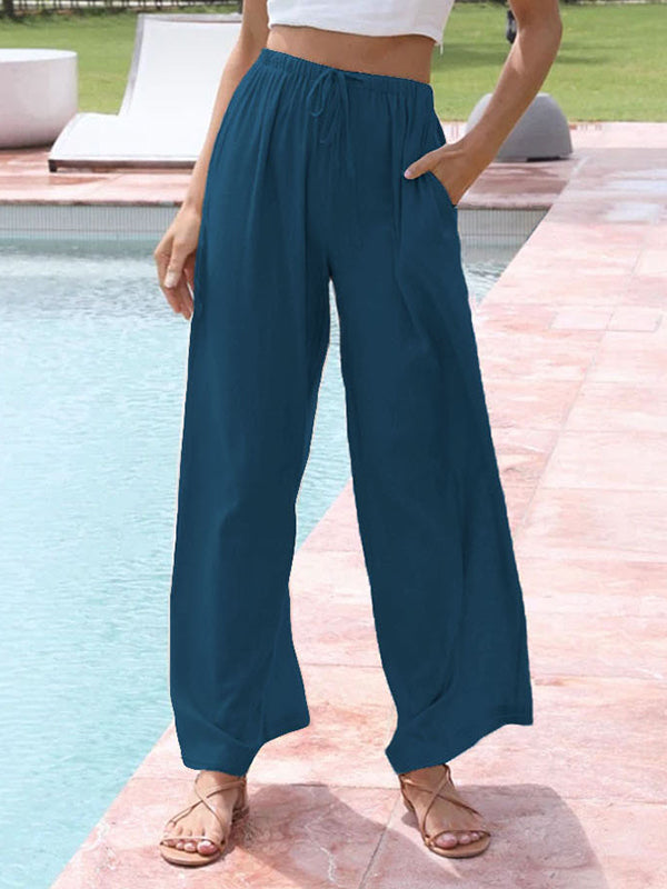 High Waisted Loose Drawstring Elasticity Solid Color Split-Joint Pants Trousers
