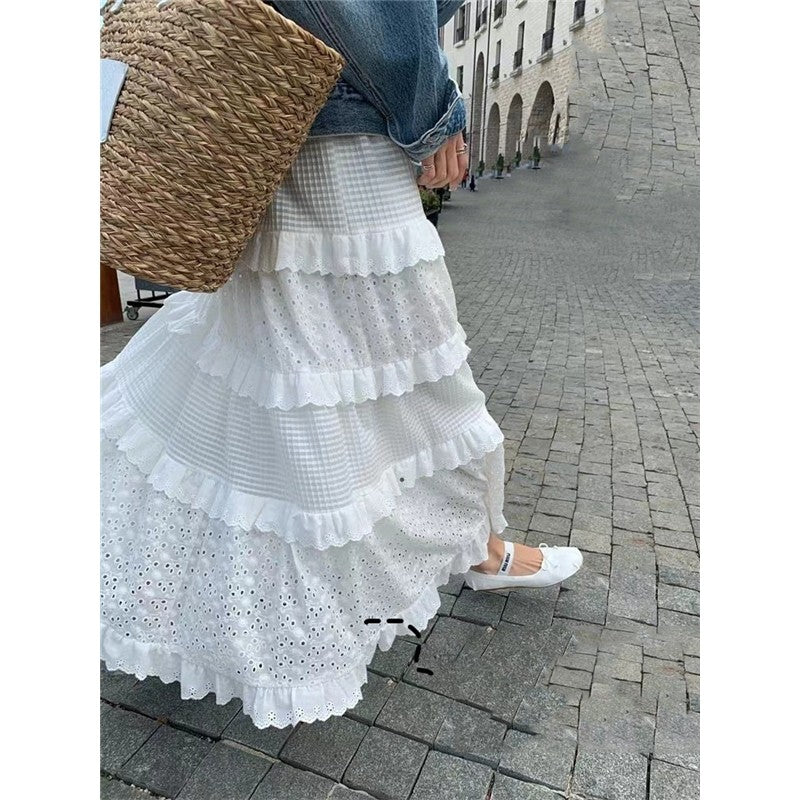 A-Line Lace Patchwork Skirt with Elastic Waist in Solid Color