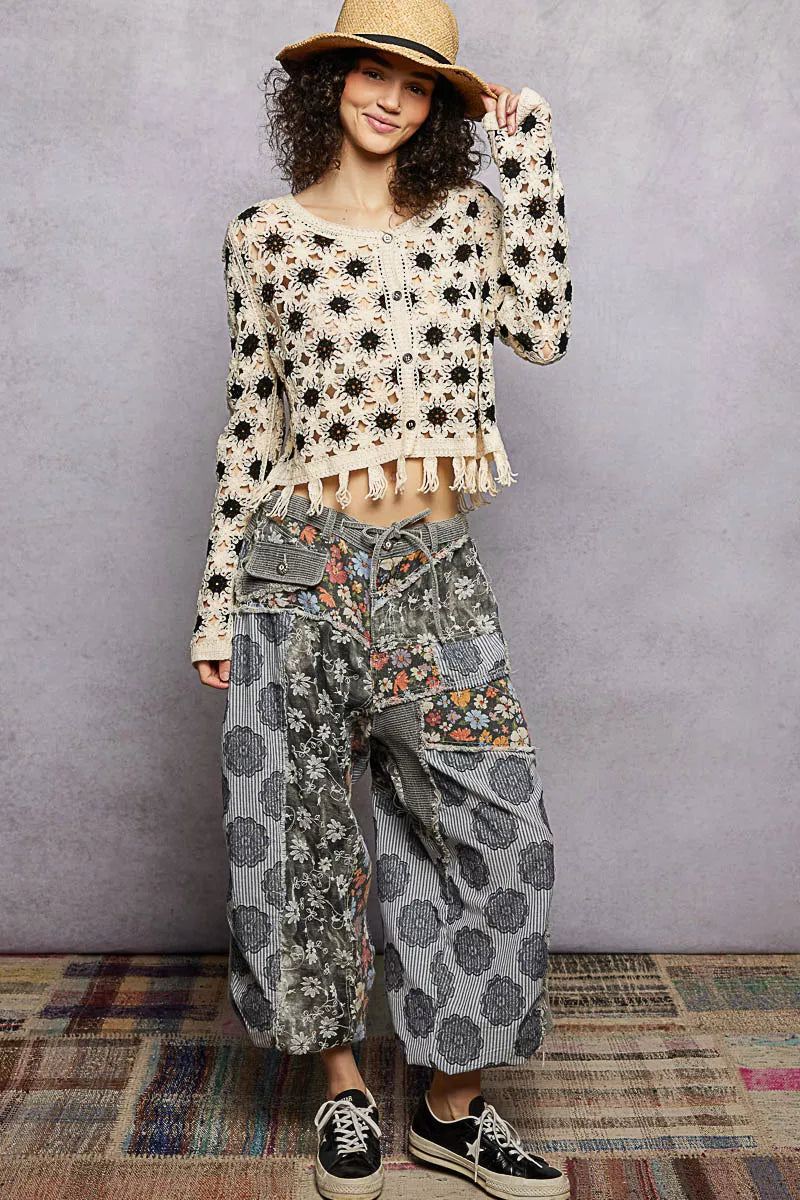 Openwork Floral Crochet Cardigan with Tassel Hem