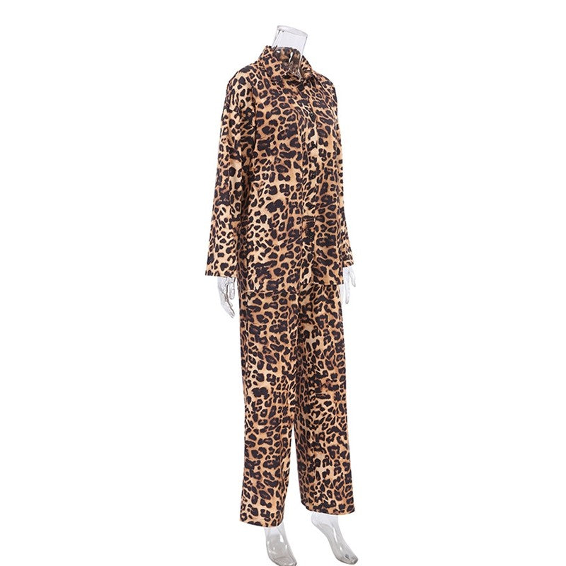 Leopard Print Long Sleeve Top and Trousers Ensemble