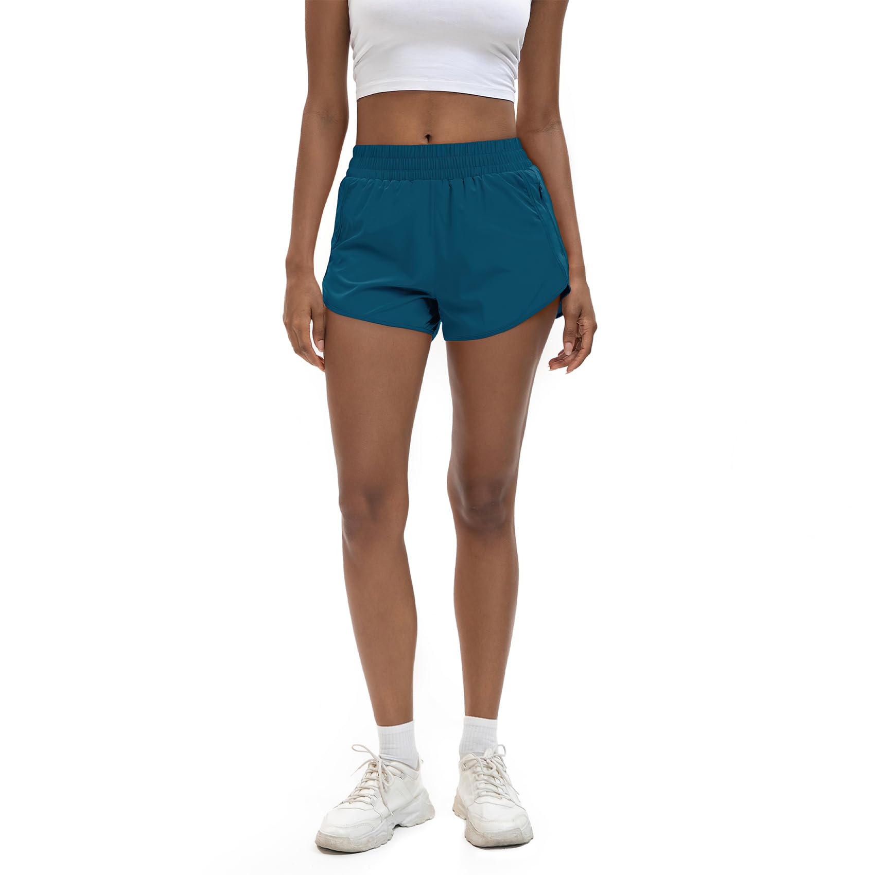 SAFWAK Women's High Waisted Running Shorts Quick Dry Zipper Pocket Turquoise L