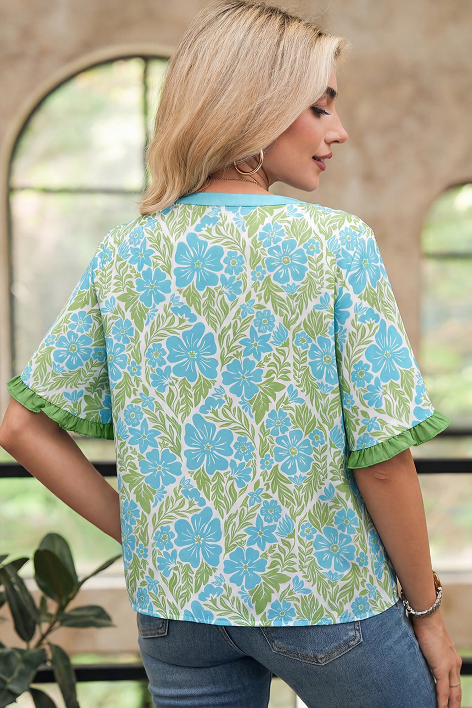 Sky Blue Floral Print Ruffled Color Block Trim Half Sleeve Blouse