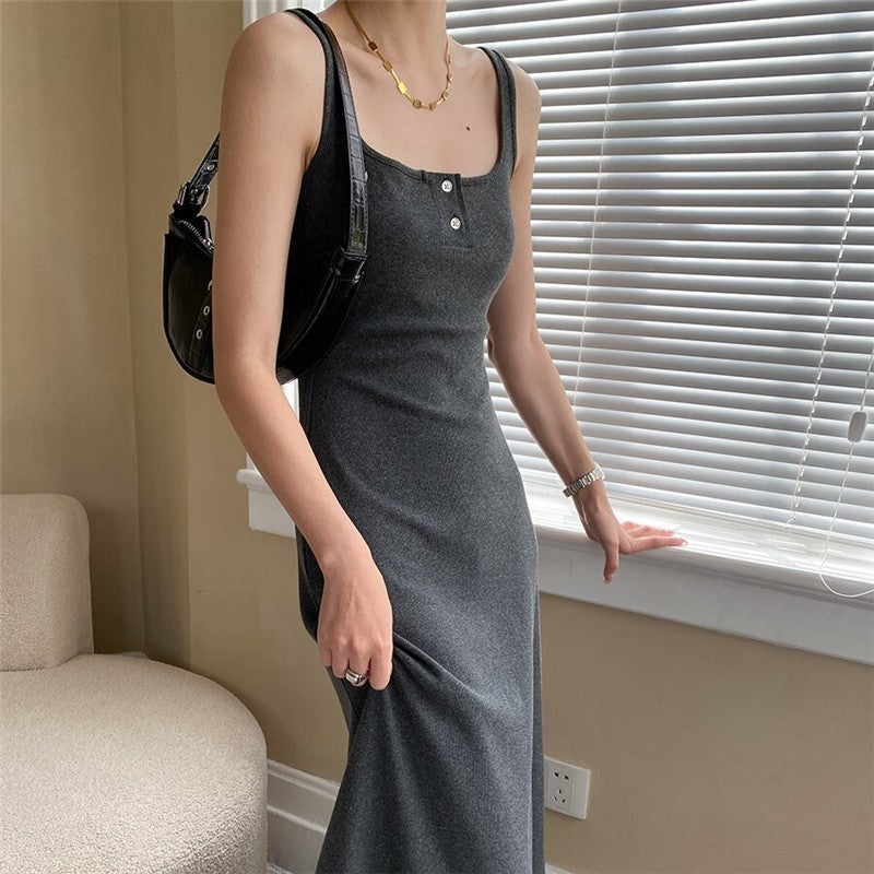 V-Neck Bodycon Dress with Slim Fit and Button-Up Detail