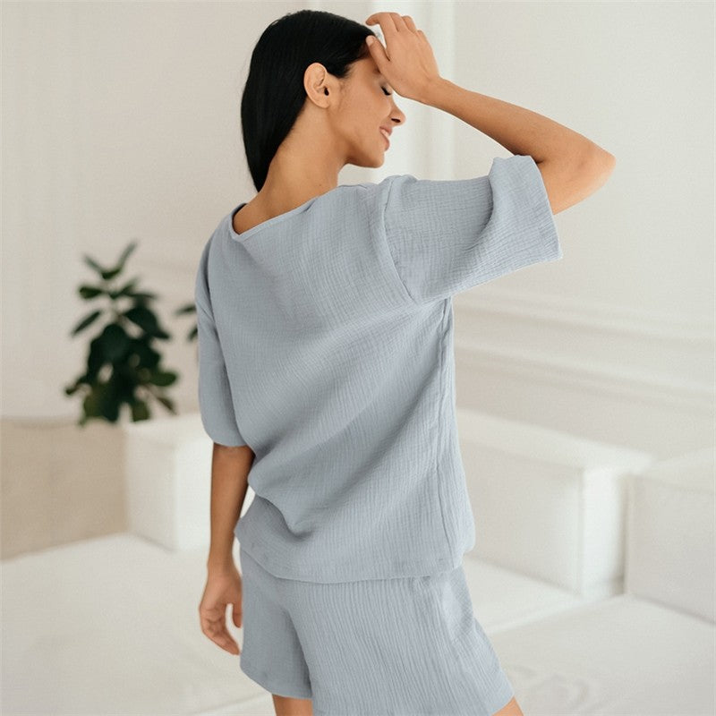 Solid Color Crewneck Short Sleeve T-Shirt and Shorts Set - Loose Fit, Lightweight Loungewear