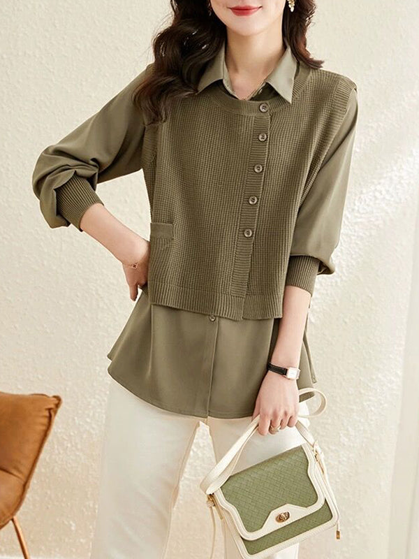 Long Sleeves Loose Solid Color Lapel  Inner Shirt + Buttoned Pockets Outer Knit Vest Two Pieces Set