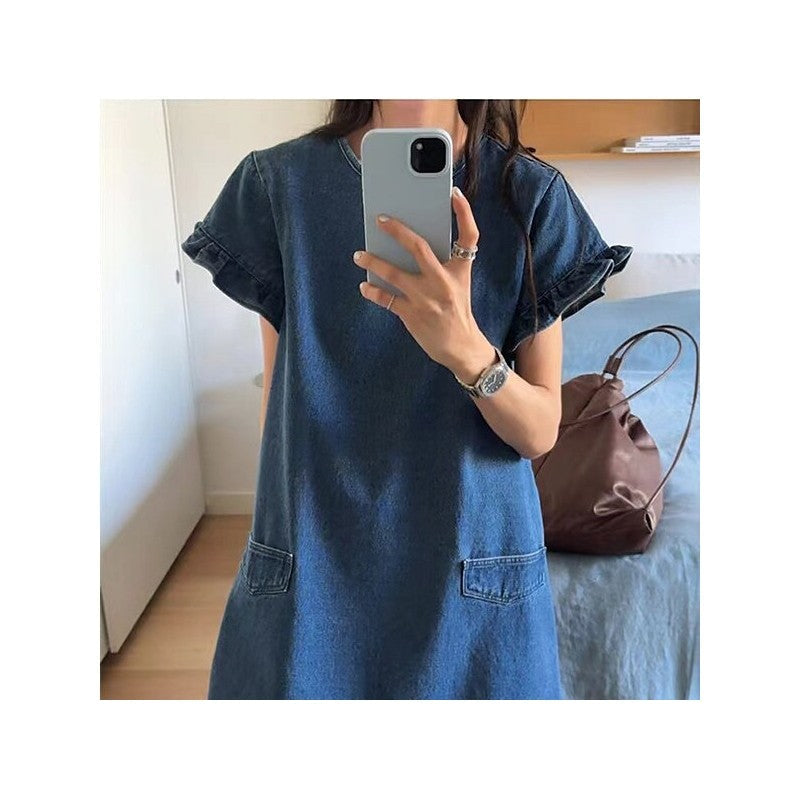 Fashionable Denim Dress with Frilled Cuffs and Pockets