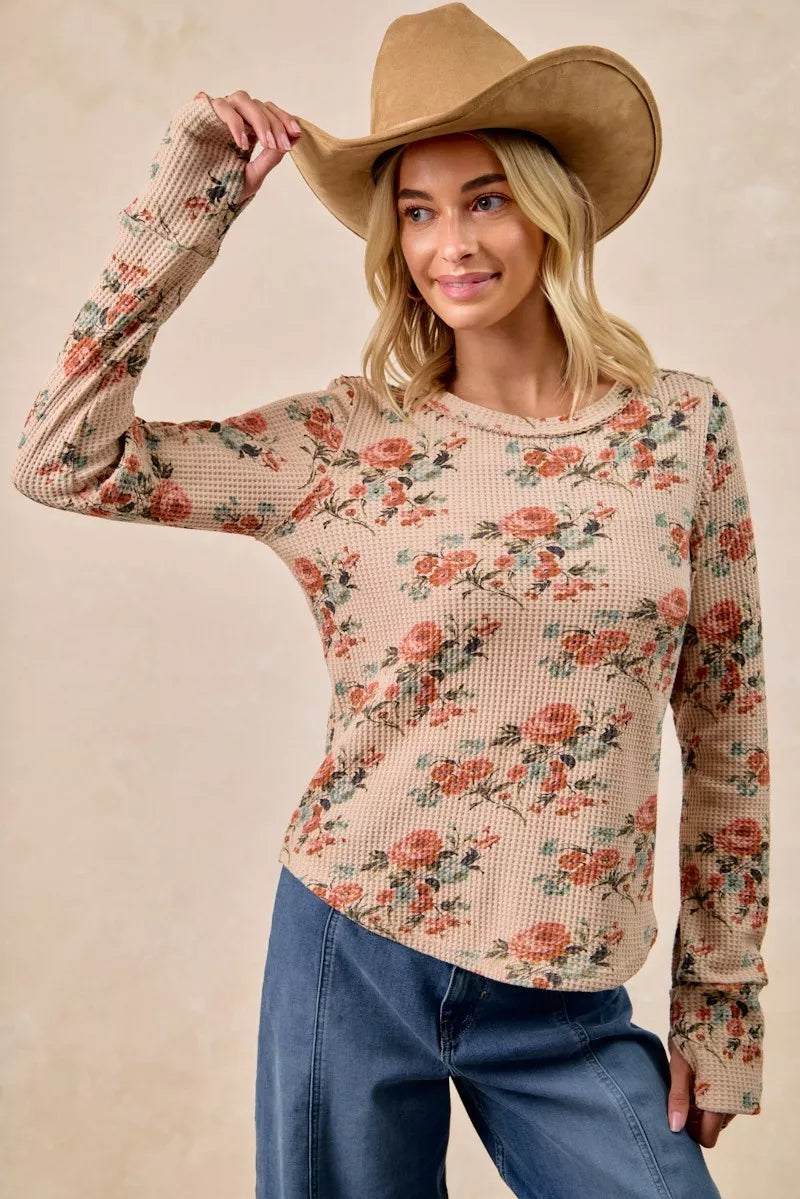 Floral Print Washed Waffle Thermal Top with Thumb