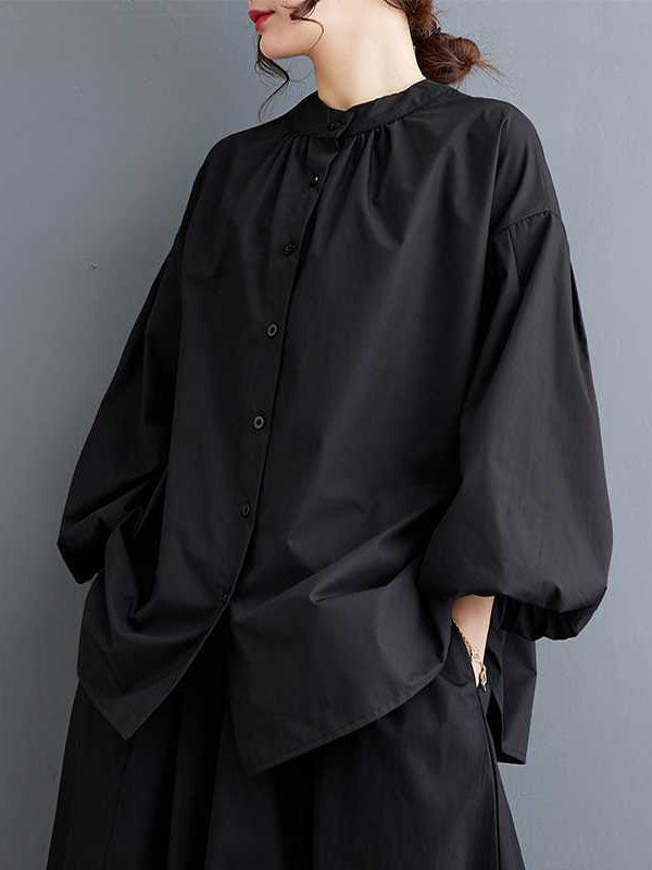 Loose Nine-Minute Sleeve Buttoned Hollow Pleated Solid Color Round-Neck Blouses&Shirts Tops
