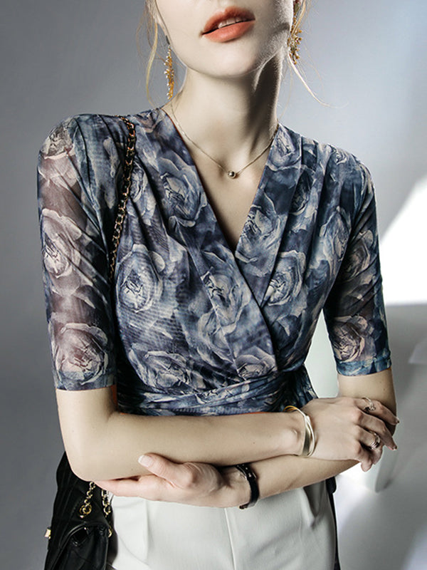 Half Sleeves Plus Size Flower Print Mesh Tied V-Neck Blouses&Shirts Tops
