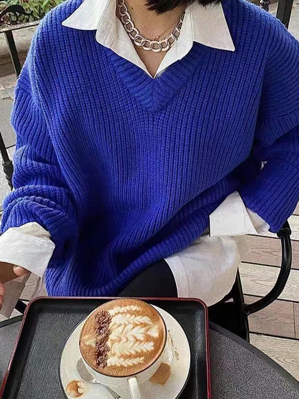 Simple Long Sleeves Loose Solid Color V-Neck Sweater Tops