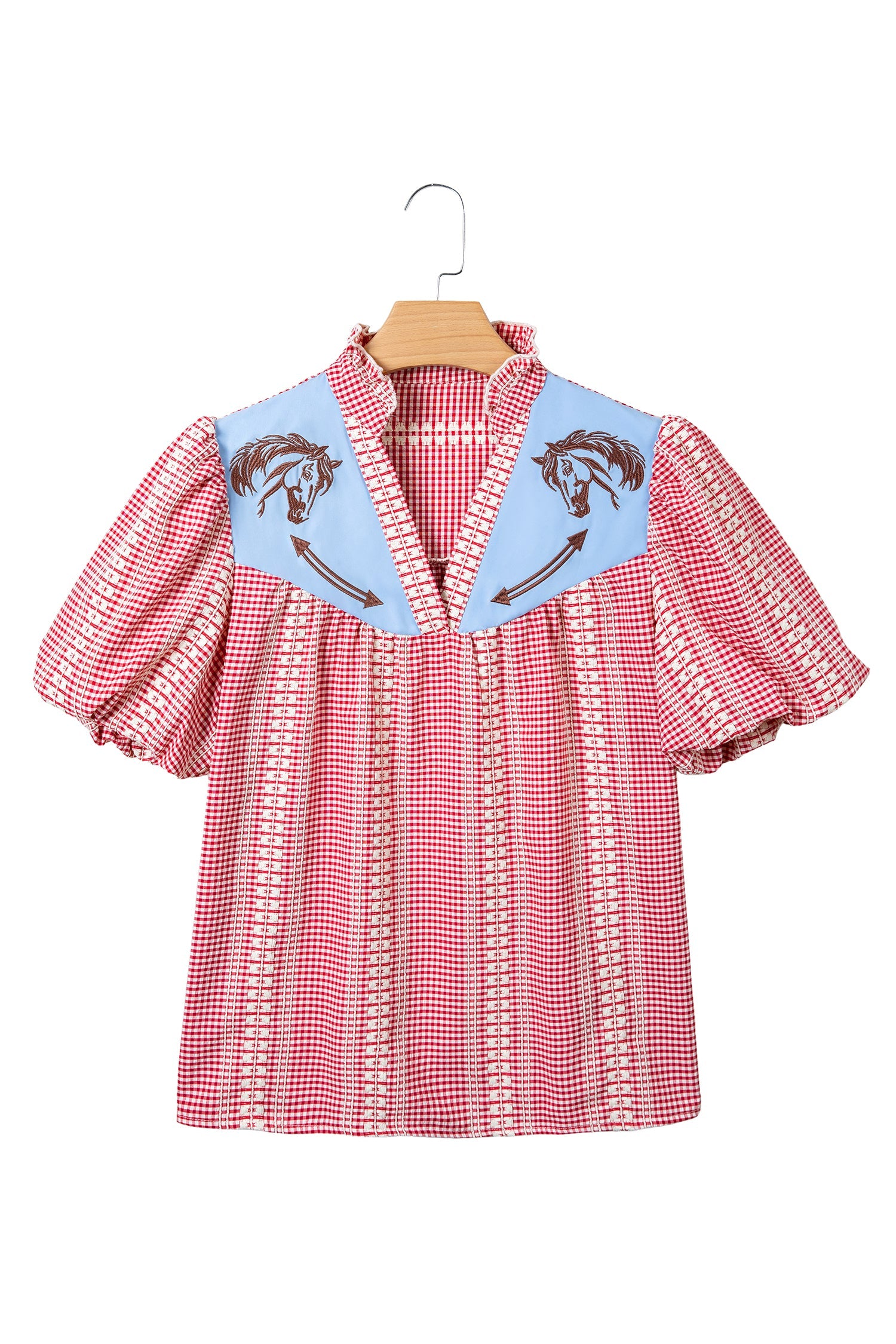 Red Western Pony Embroidered Yoke Puff Sleeve Gingham Blouse