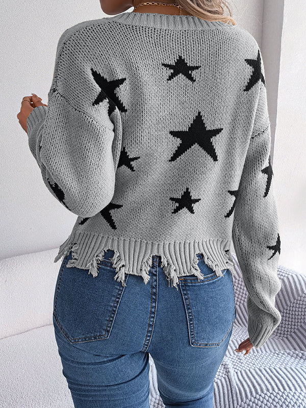 Long Sleeves Loose Contrast Color Fringed Split-Joint V-Neck Sweater Tops