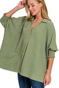 Airflow Collar Tee with Smocked Sleeve Band Top
