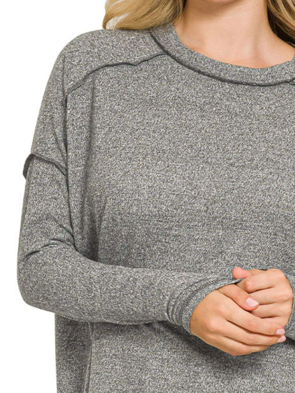 Full Size Melange Hacci Exposed Seam Hi-low Tee Plus Size